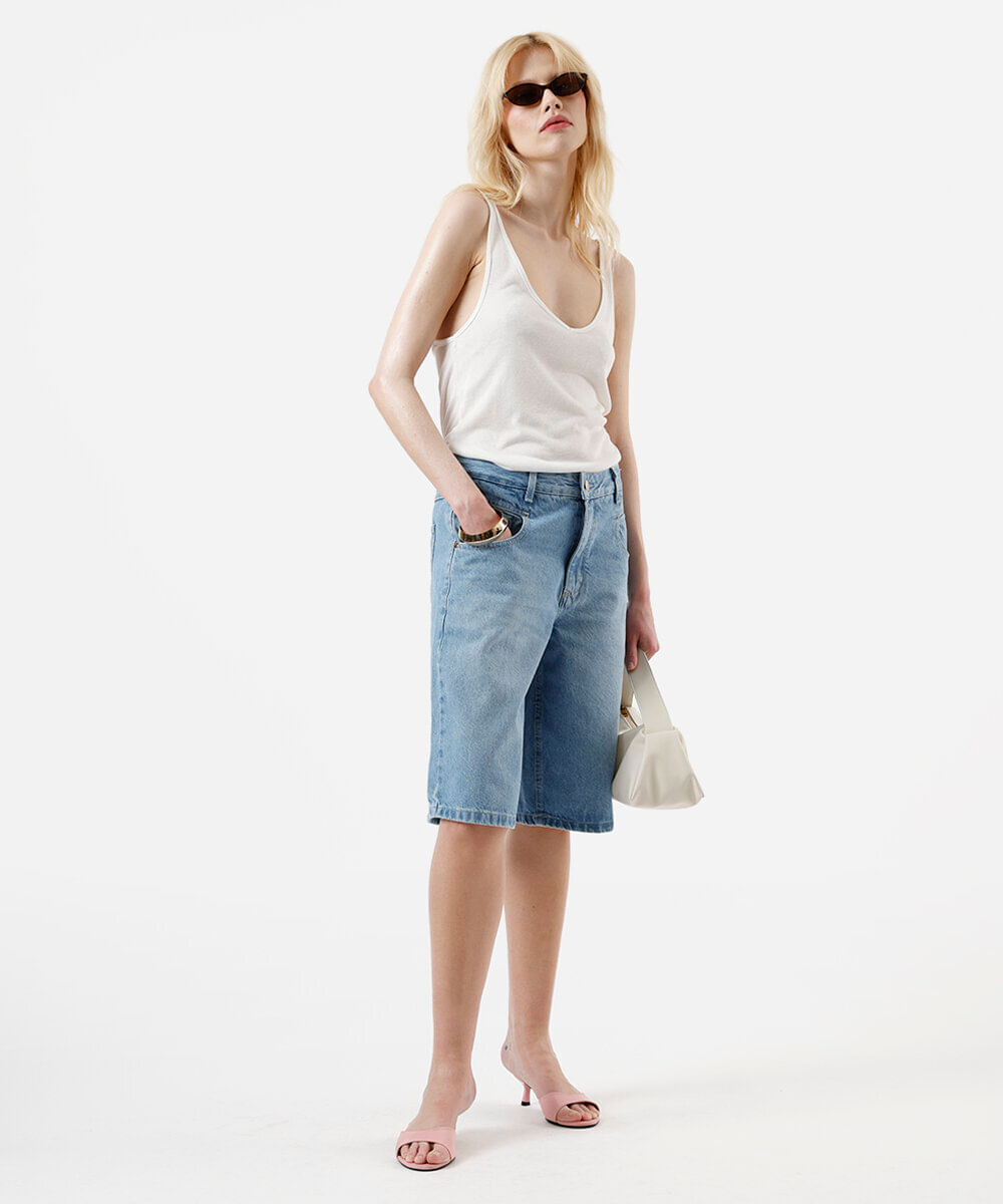 bermuda jorts feminina jeans cintura média azul