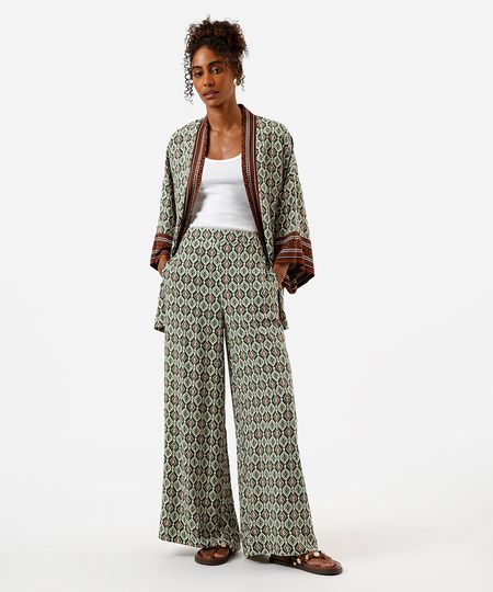 calça wide leg feminina de viscose estampada verde 34 calça wide leg feminina de viscose estampada verde 34