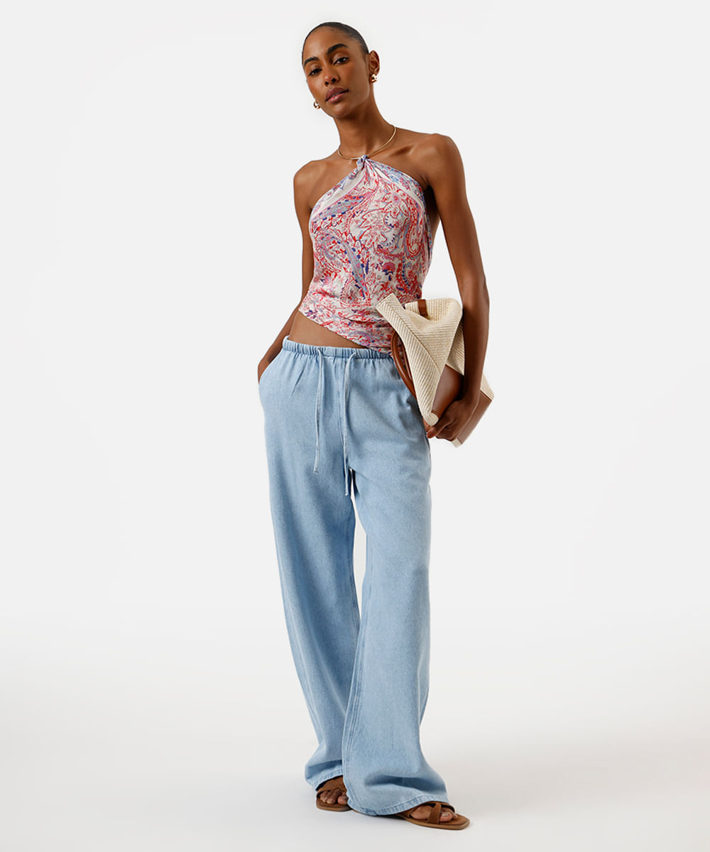 calça pijama feminina jeans cós elástico azul