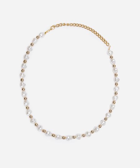 colar de pérolas orgânicas e miçangas dourado UNICO