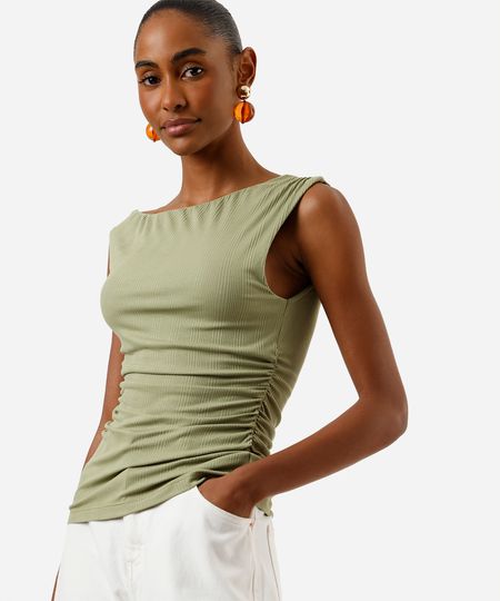 regata alongada feminina de viscose canelada franzida verde PP