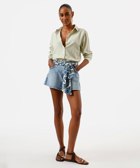 short feminino jeans com cinto lenço azul 34