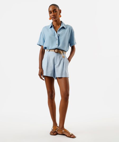 short feminino com linho cintura alta e cinto azul 44 short feminino com linho cintura alta e cinto azul 44