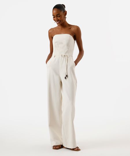 macacão feminino de sarja sem alça com cordão off white M