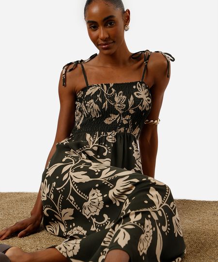 vestido midi feminino de viscose com lastex floral verde PP