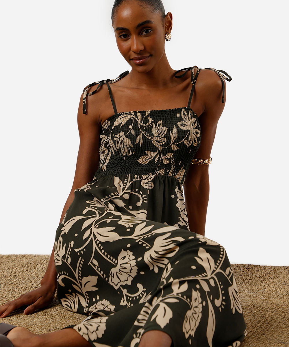 vestido midi feminino de viscose com lastex floral verde
