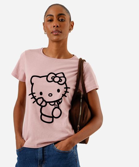 camiseta feminina de algodão hello kitty texturizada rosa GG
