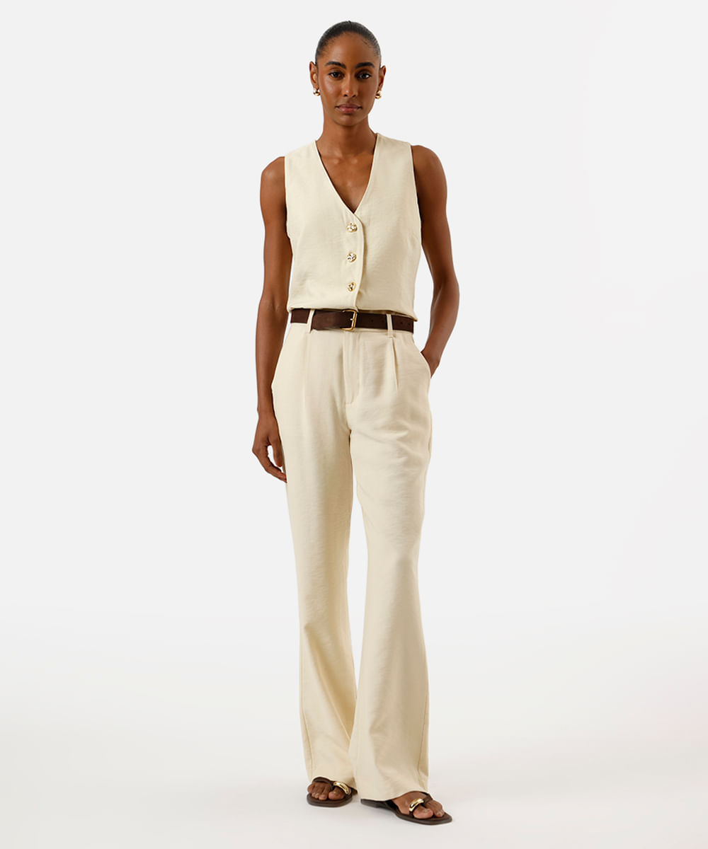 calça flare feminina de alfaiataria em viscose amarela