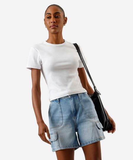 bermuda cargo feminina jeans cintura média azul 40