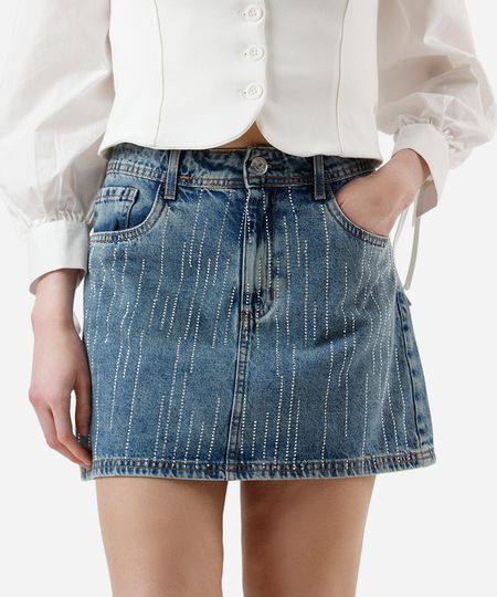 saia curta feminina jeans com brilhos - jeans medio 34 saia curta feminina jeans com brilhos - jeans medio 34