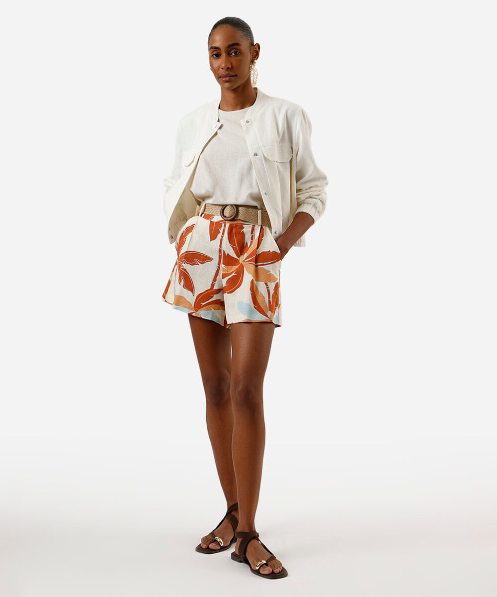 short feminino com linho e cinto folhagens amarelo