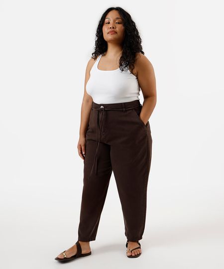 calça balloon feminina de sarja com cordão plus size marrom 48