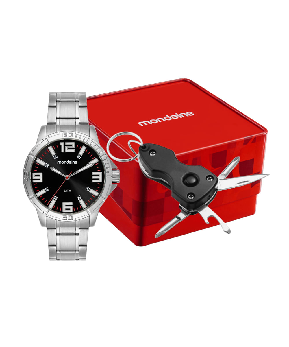 kit relógio masculino mondaine analógico 99745g0mvne1k prateado