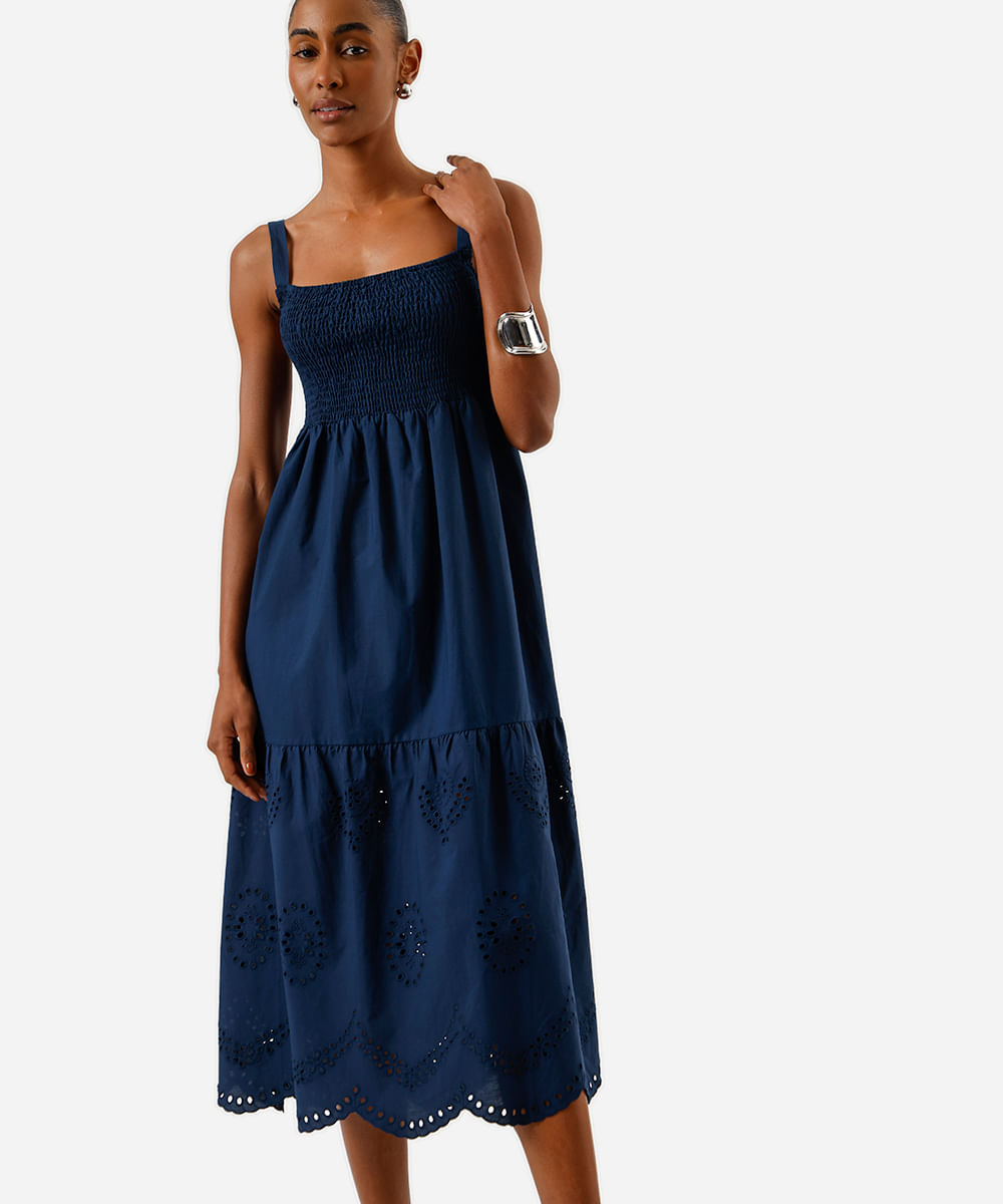 vestido midi feminino de algodão com bordado azul