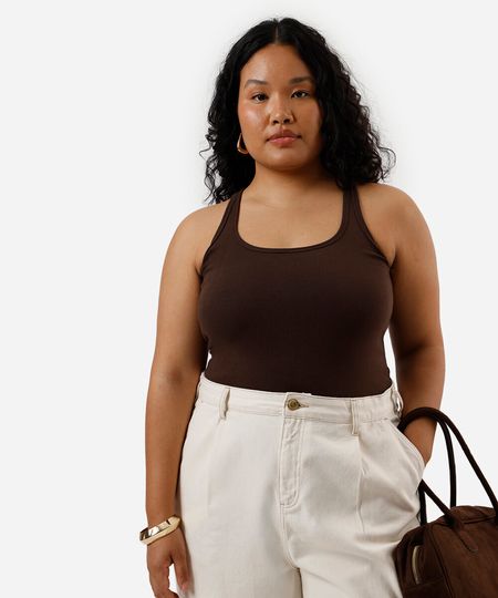 regata feminina de algodão plus size marrom GG2 regata feminina de algodão plus size marrom GG2