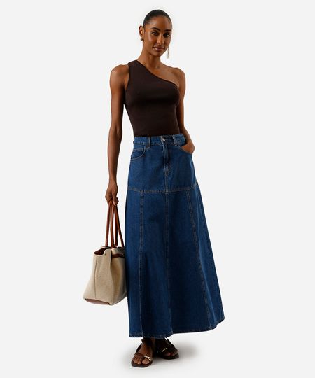 saia longa feminina jeans com recortes azul 38