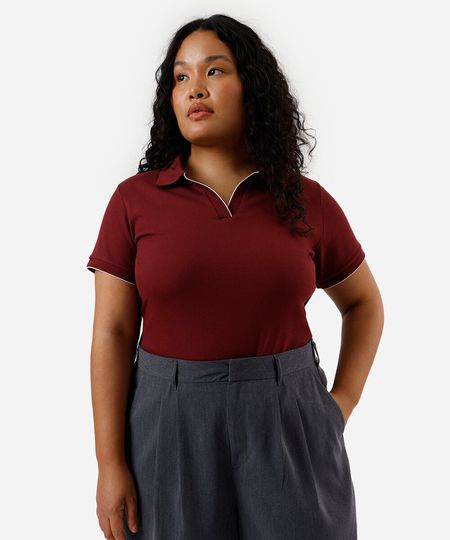 polo feminina canelada manga curta plus size vinho GG1 polo feminina canelada manga curta plus size vinho GG1