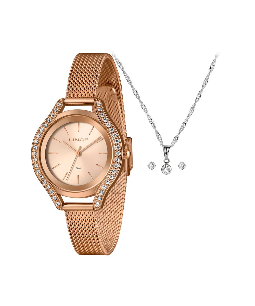 kit relógio feminino lince analógico lrrm059l36 kad7r1rx rosa