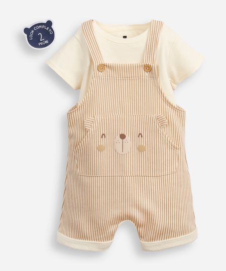 jardineira infantil listrado de urso com blusa bege 6-9 jardineira infantil listrado de urso com blusa bege 6-9