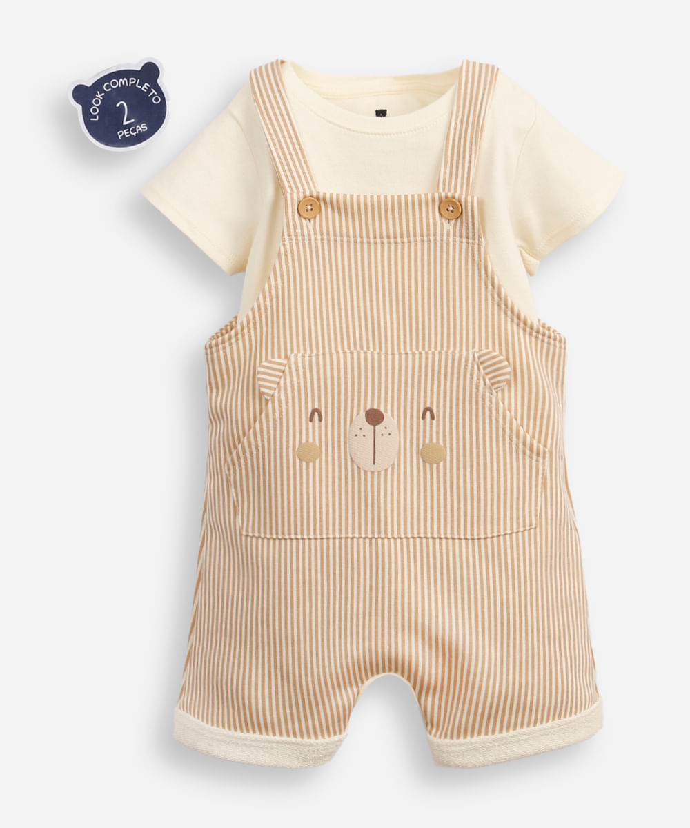 jardineira infantil listrado de urso com blusa bege
