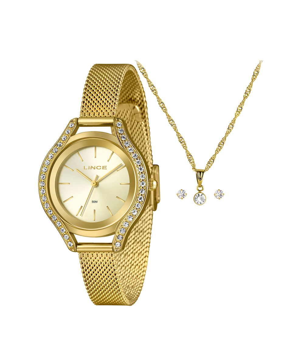 kit relógio feminino lince analógico lrgm059l36 kad5c1kx dourado