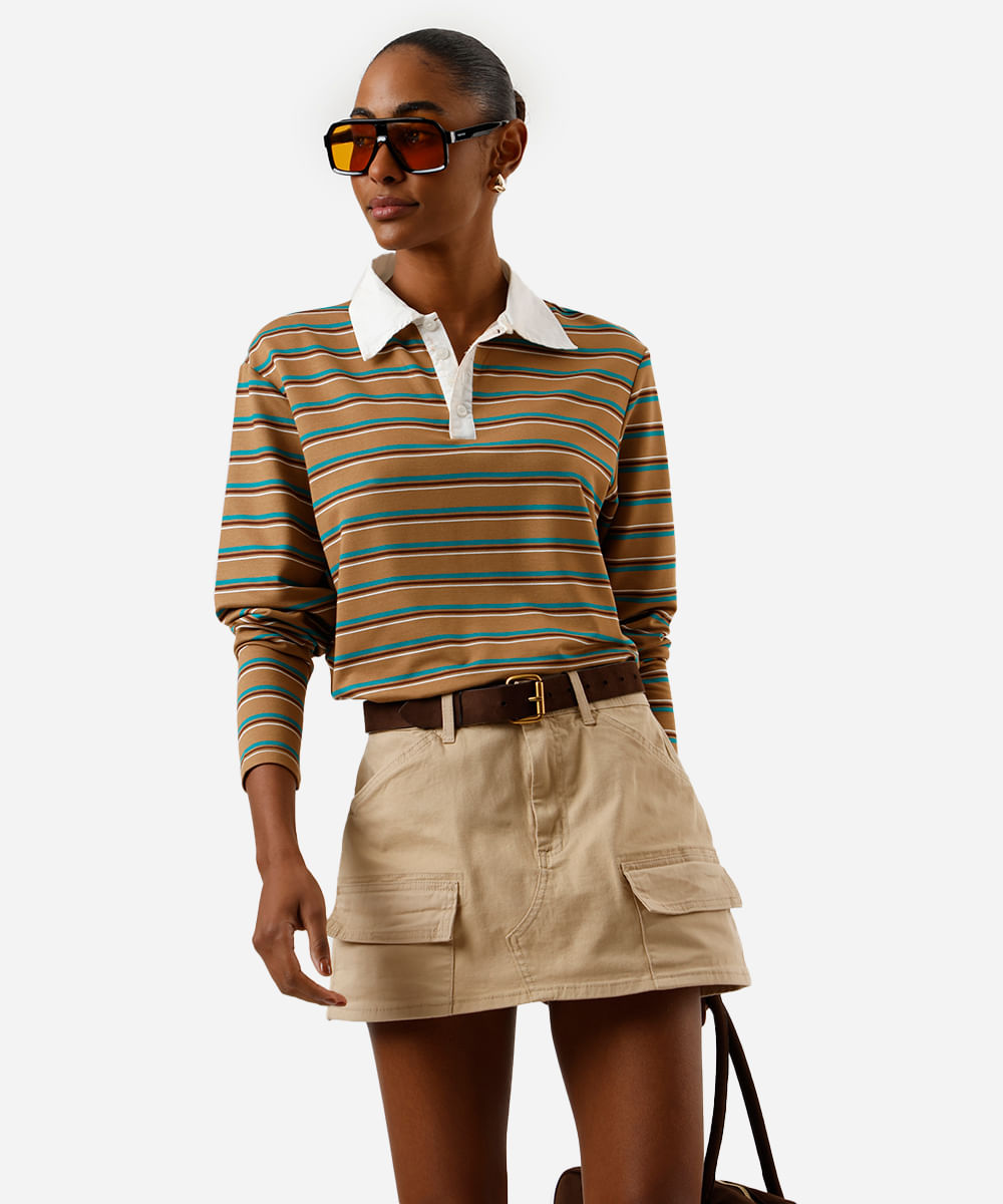 short saia cargo feminino de sarja cintura média bege
