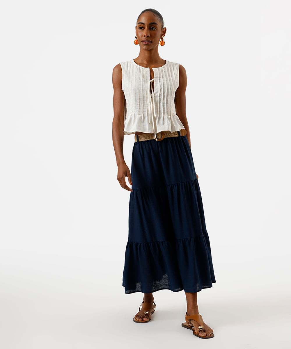 saia midi feminina com linho e cinto azul