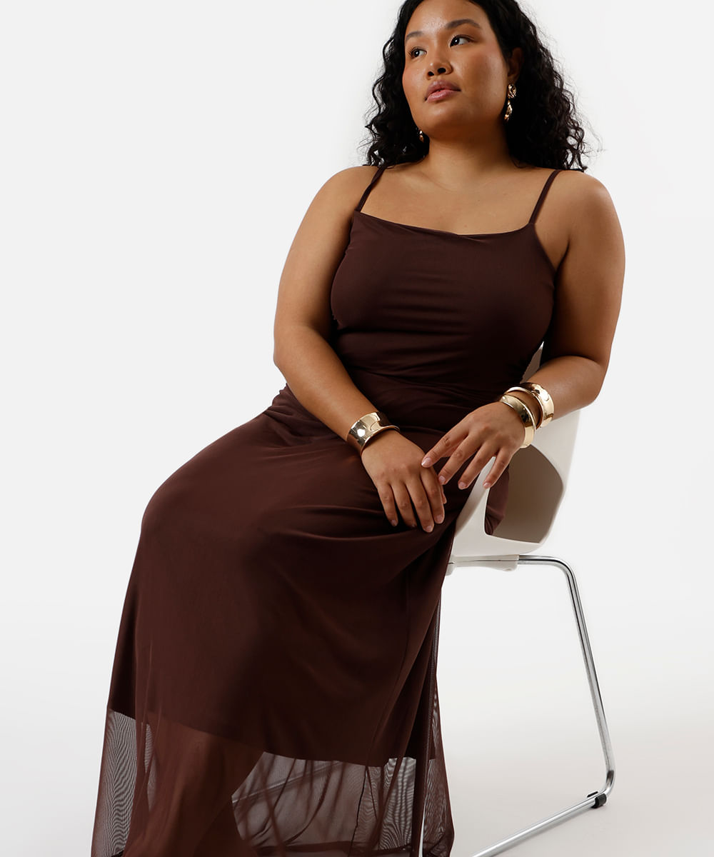 vestido longo feminino de tule alça fina franzido plus size marrom