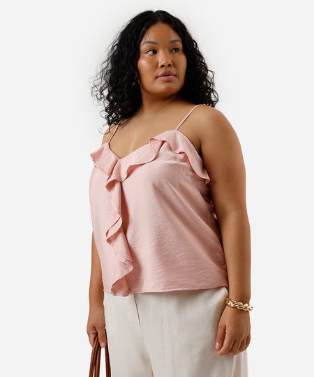blusa feminina com viscose alça fina com babados plus size rosa GG2 blusa feminina com viscose alça fina com babados plus size rosa GG2