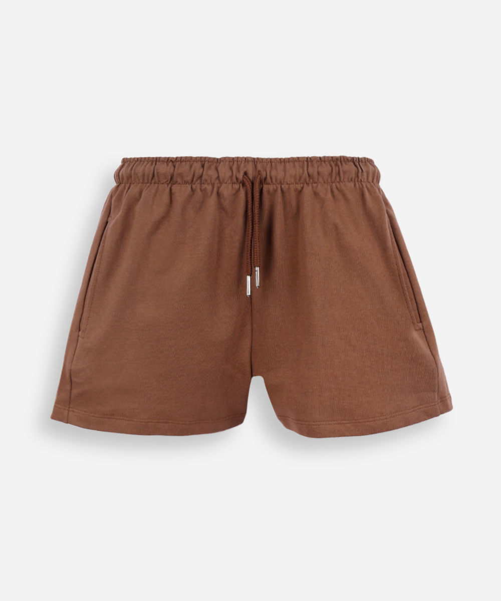 short juvenil de moletinho cós elástico marrom