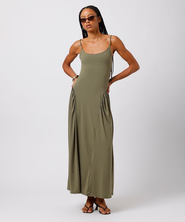 vestido midi feminino alça fina com franzidos mindset verde PP