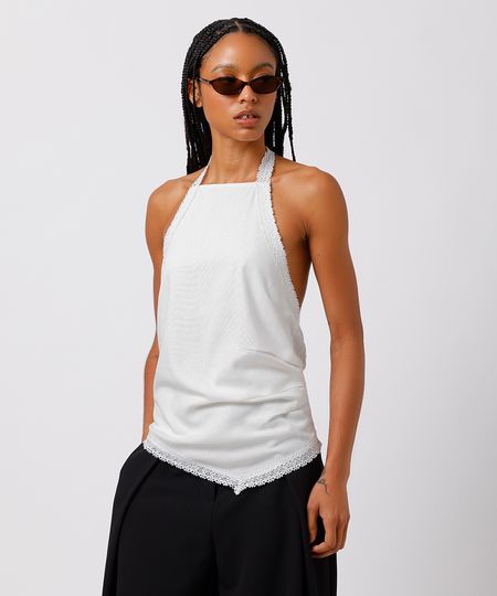 blusa frente única feminina com linho e renda mindset off white M blusa frente única feminina com linho e renda mindset off white M