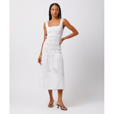 vestido midi feminino franzidos decote quadrado mindset off white