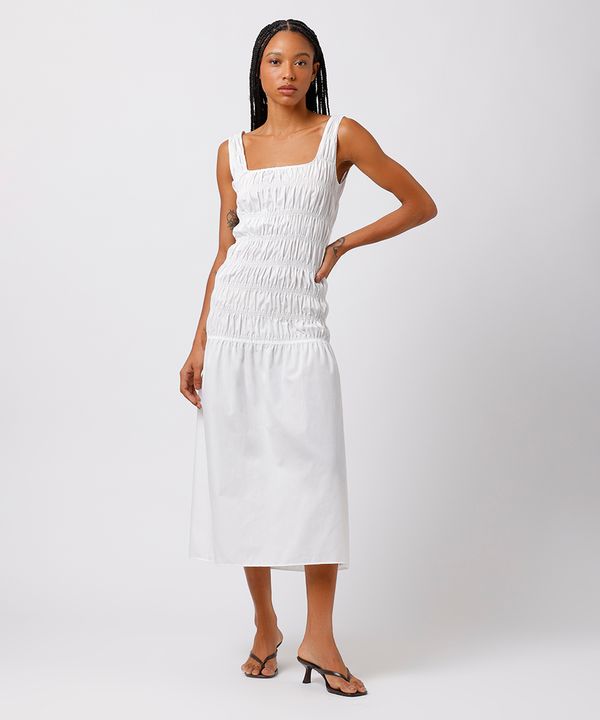 vestido midi feminino franzidos decote quadrado mindset off white GG