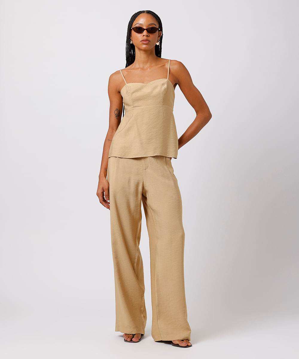 calça de alfaiataria feminina com pregas mindset bege