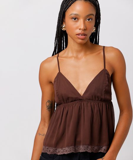 bata feminina alça fina com renda texturizada mindset marrom G