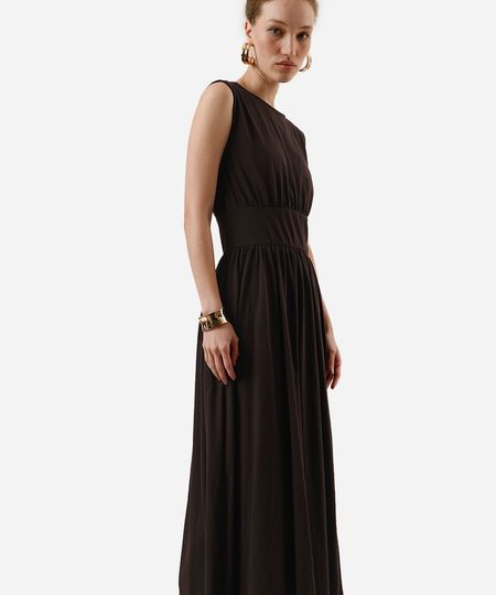 vestido midi feminino de algodão decote redondo marrom PP