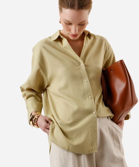 camisa feminina com linho manga longa verde M camisa feminina com linho manga longa verde M