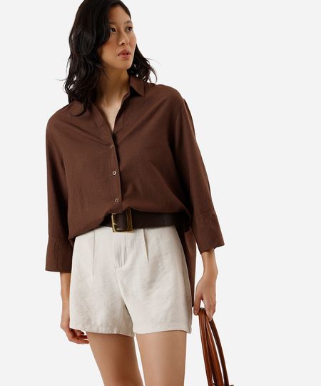camisa feminina com linho manga longa marrom PP camisa feminina com linho manga longa marrom PP