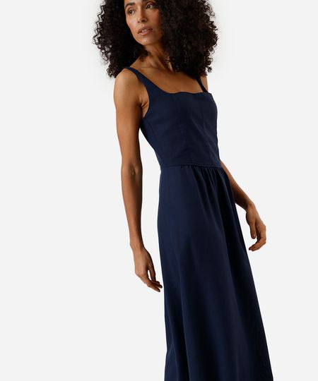 vestido midi feminino com linho e recortes decote quadrado azul GG vestido midi feminino com linho e recortes decote quadrado azul GG