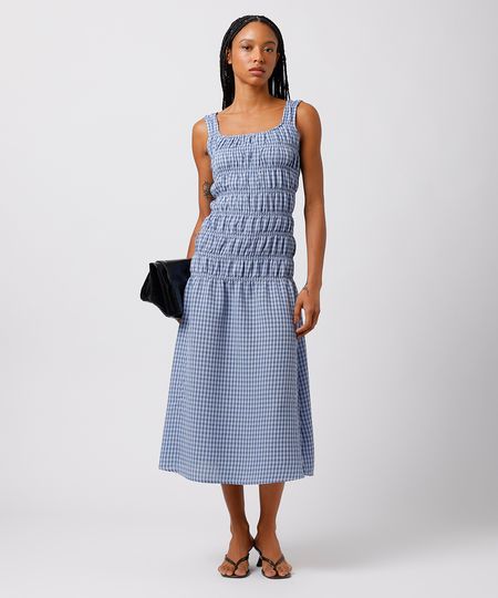 vestido midi feminino com franzidos decote quadrado xadrez mindset colorido PP vestido midi feminino com franzidos decote quadrado xadrez mindset colorido PP