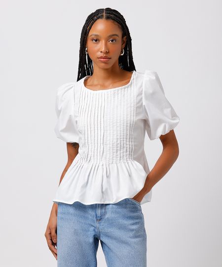 blusa peplum feminina manga bufante com pregas mindset off white P blusa peplum feminina manga bufante com pregas mindset off white P