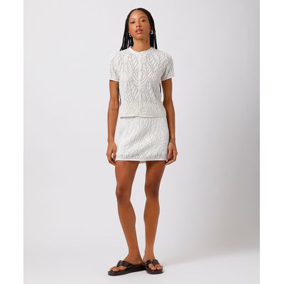 saia curta feminina de tricot texturizado folhagens mindset off white