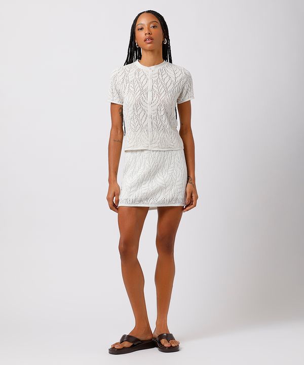 saia curta feminina de tricot texturizado folhagens mindset off white PP