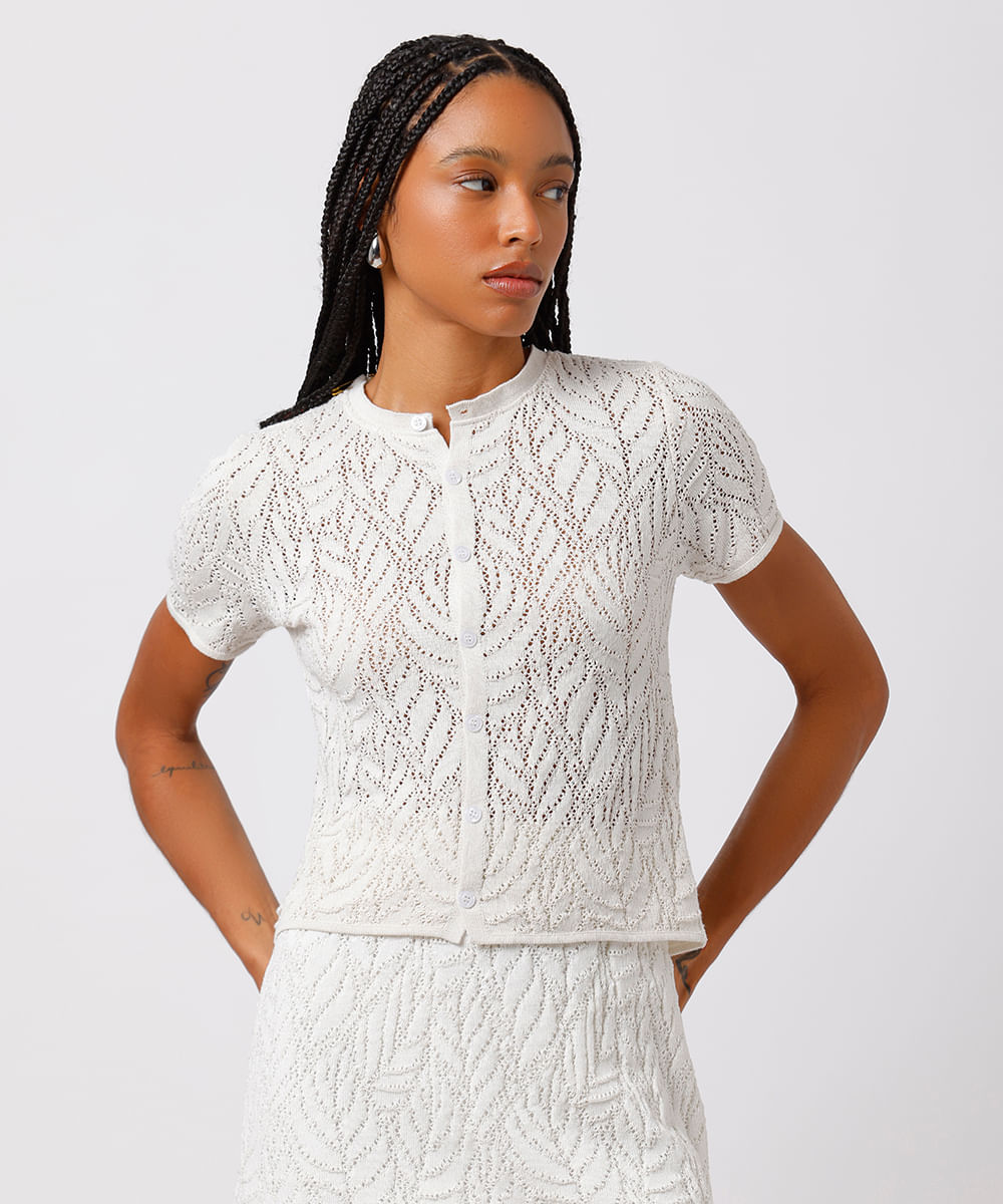 blusa feminina de tricot decote redondo texturizada folhagens mindset off white