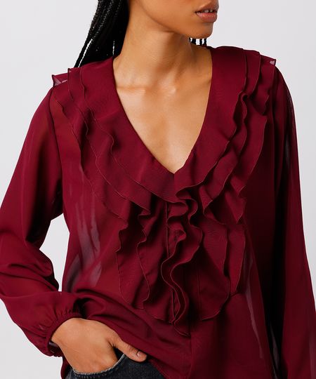 blusa feminina com babados manga longa mindset vinho P blusa feminina com babados manga longa mindset vinho P