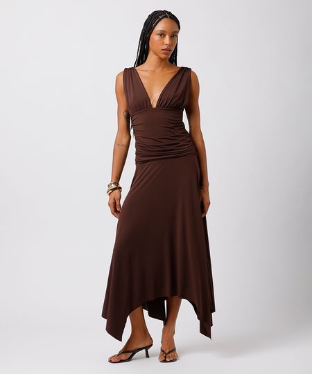 vestido midi feminino decote v franzido assimétrico mindset marrom P vestido midi feminino decote v franzido assimétrico mindset marrom P