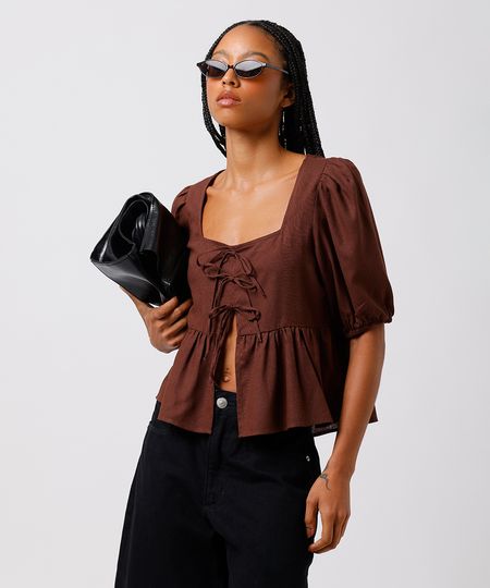 blusa peplum feminina com linho manga bufante mindset marrom P blusa peplum feminina com linho manga bufante mindset marrom P