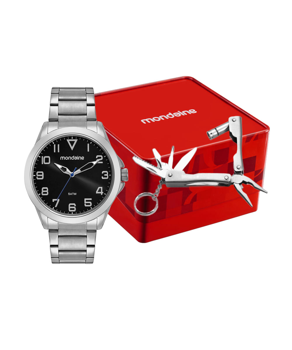 kit relógio masculino analógico mondaine 32605g0mvne2kd prateado