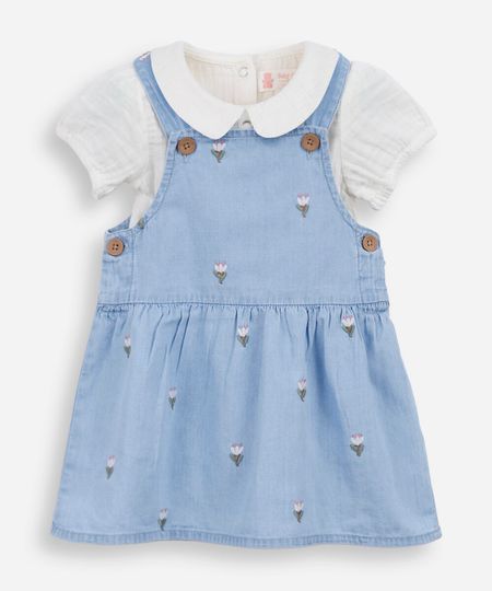 salopete infantil jeans com bordado floral e body azul 12-18
